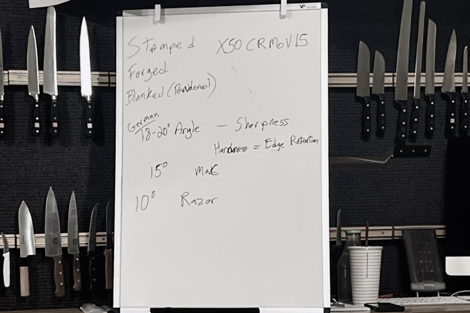 Whiteboard at Sonoma Cutlery showing knife steel types and sharpening angles